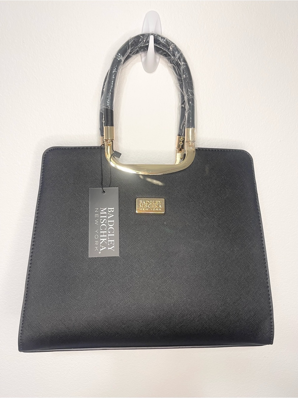 Badgley Mischka Black Structured Satchel with Gold Accents